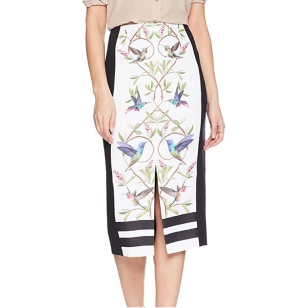 Ted Baker London White Floral Bird Pencil Skirt with Black Panels